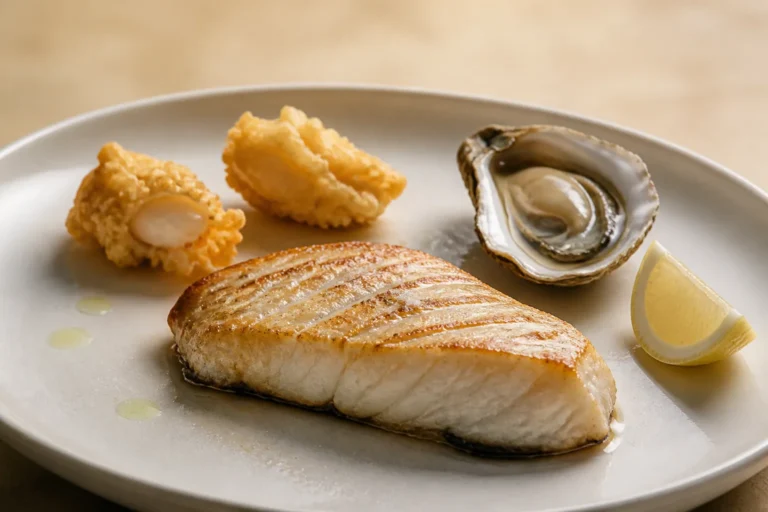 Pescado a la plancha, bocado de mar en tempura y ostra al natural